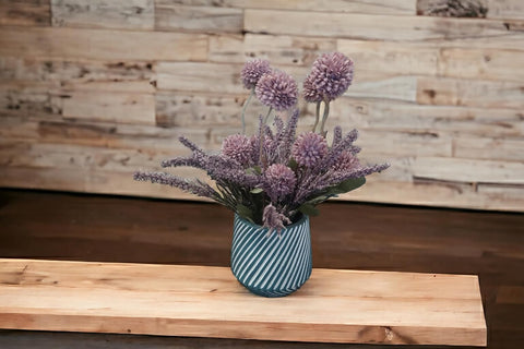 Artificial Pink Pompom Flowers with Lavender in Striped Ceramic Vase, Modern Home Decor (Move)