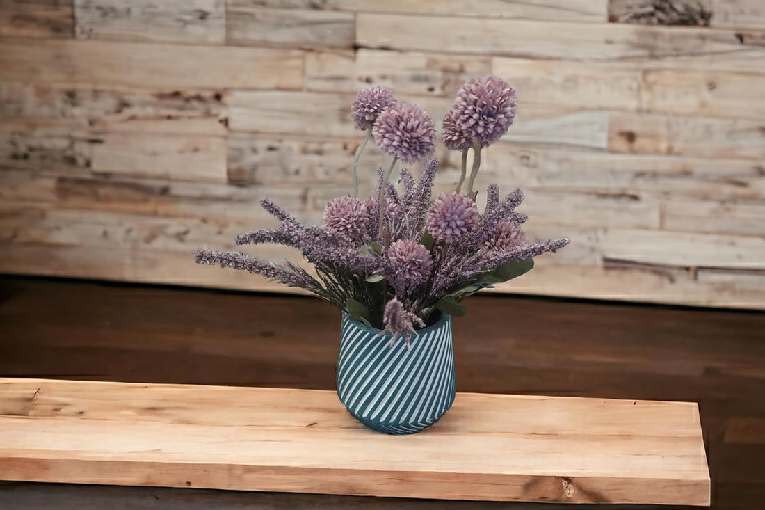 Artificial Pink Pompom Flowers with Lavender in Striped Ceramic Vase, Modern Home Decor (Move)