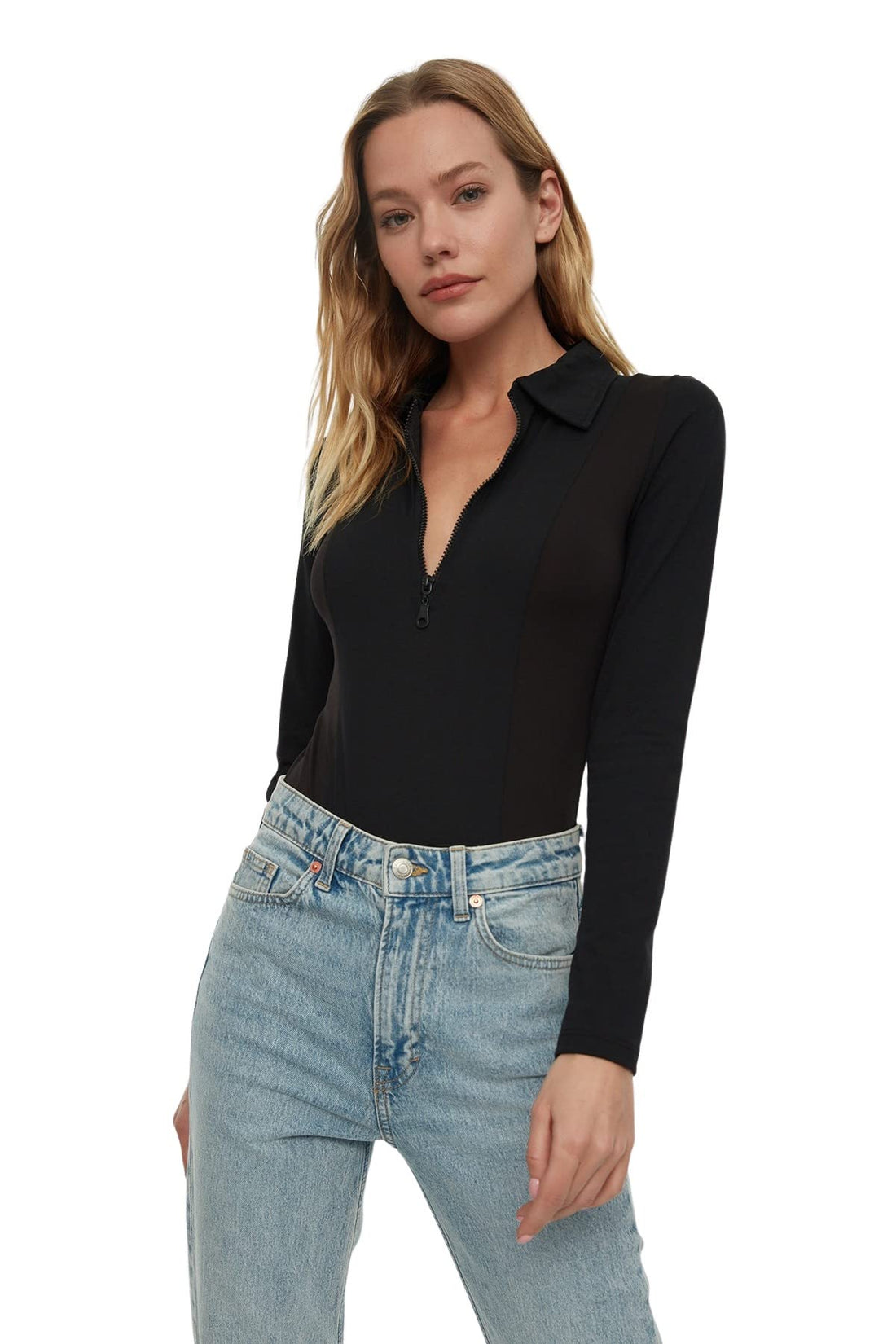 Trendyol Woman Black Zippered Polo Neck Fitted/Situated Flexible Snaps Knitted Body TWOAW21BD0066 body