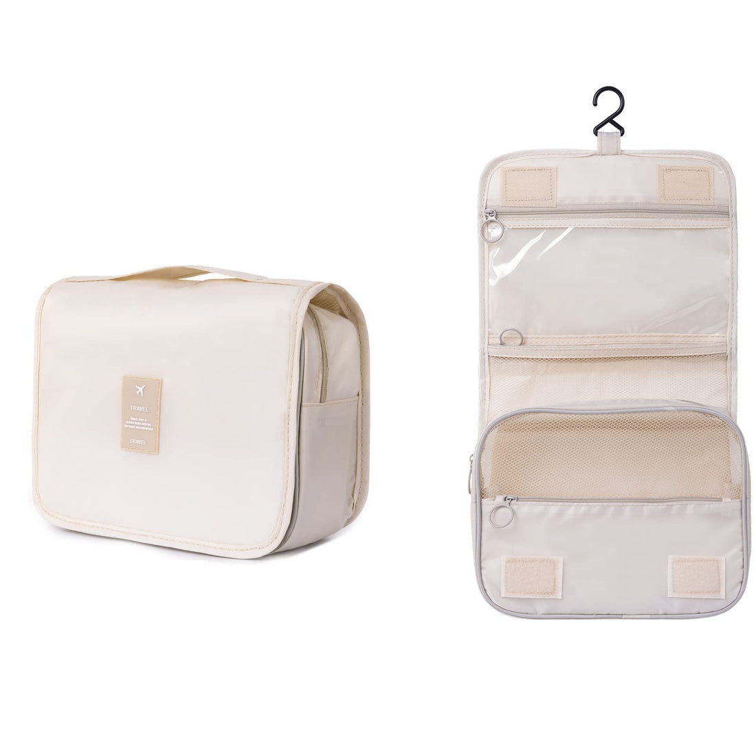 Arabest Toiletry Bag, Large Capacity Hanging Cosmetic Bag with Hanging Hook, Full Sized Travel Toiletry Bag Detachable Makeup Pouch, Waterproof Makeup Bag for Men and Women, Beige