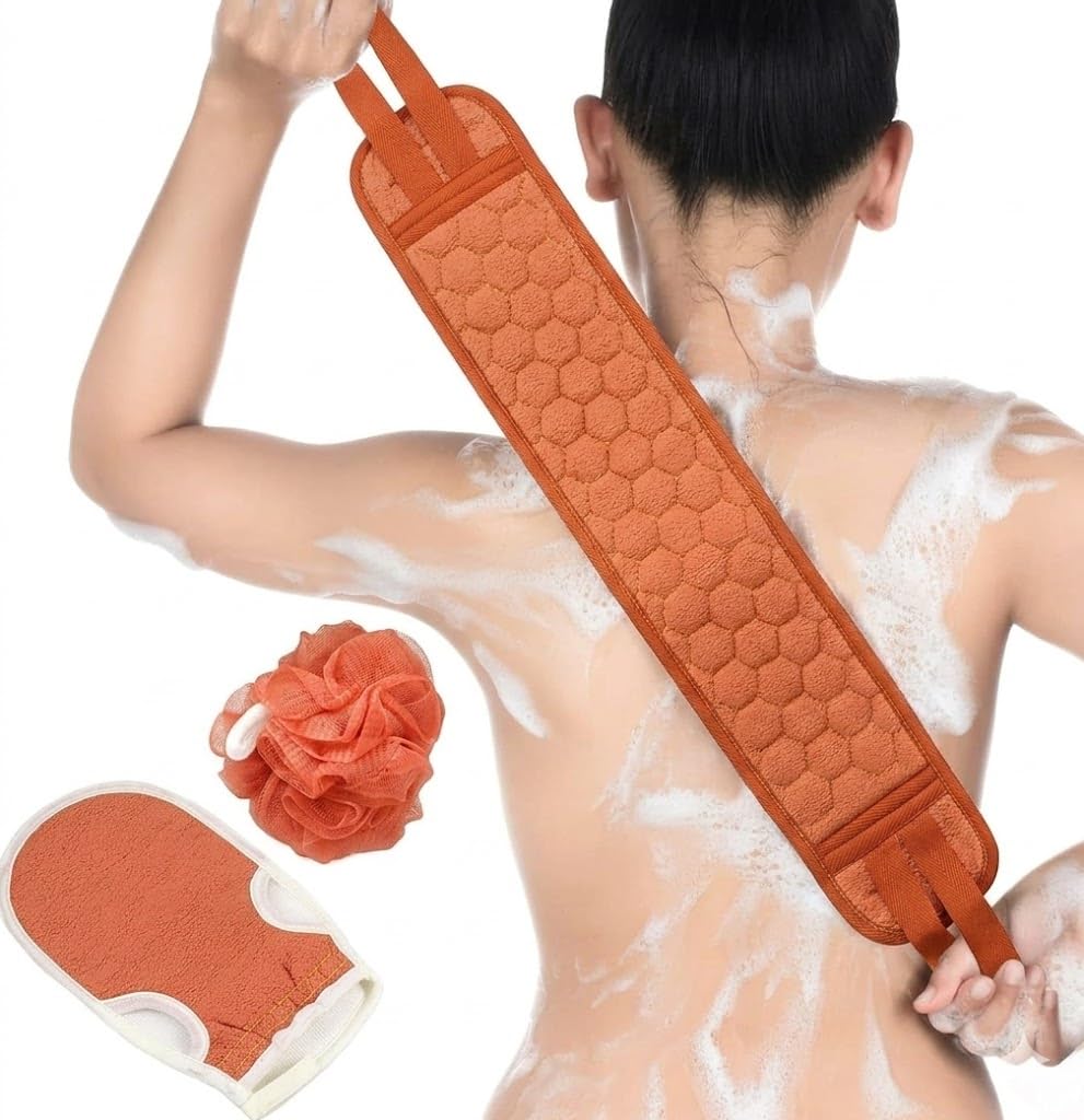 Handle Body Washer set 3pcs- Dual-Sided Soft Long Back Washer Back Scrubber with Glove & Shower Ball for Bathroom Adults-3 Packs Bath Body Scrubber Sponges Gloves Clean Set-multicolor