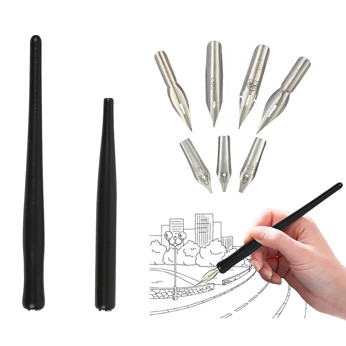 Calligraphy Nib Set, Wood Dip Pen Manga Cartoon Comic Dip Pen Comic Diving Pen Writing Gift 2 Pen Holders and 7 Nibs-0.5mm/1.5mm/2.0mm