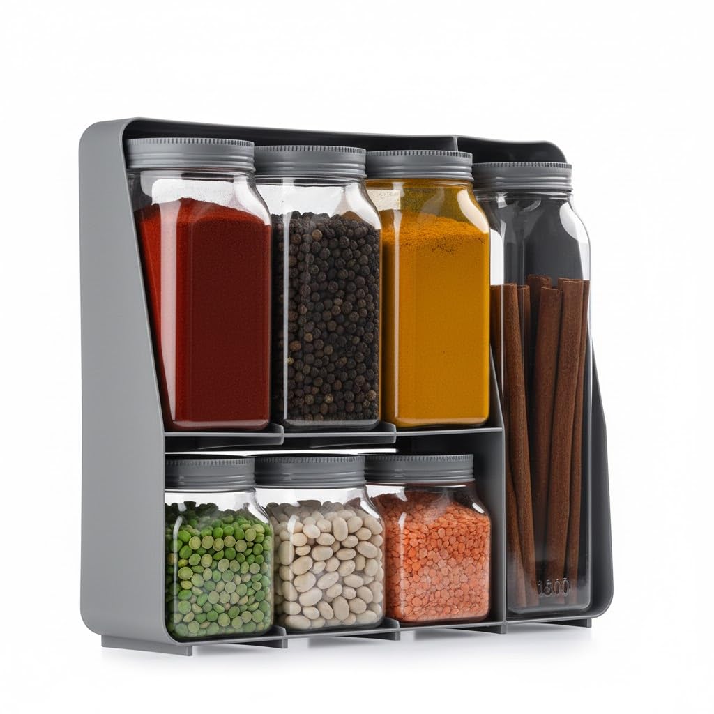 7 Piece Spice Jar Set with Stand, BPA Free, Dishwasher Safe, 3x400ml, 3x700ml, 1x1300ml, 29x33x8.5cm