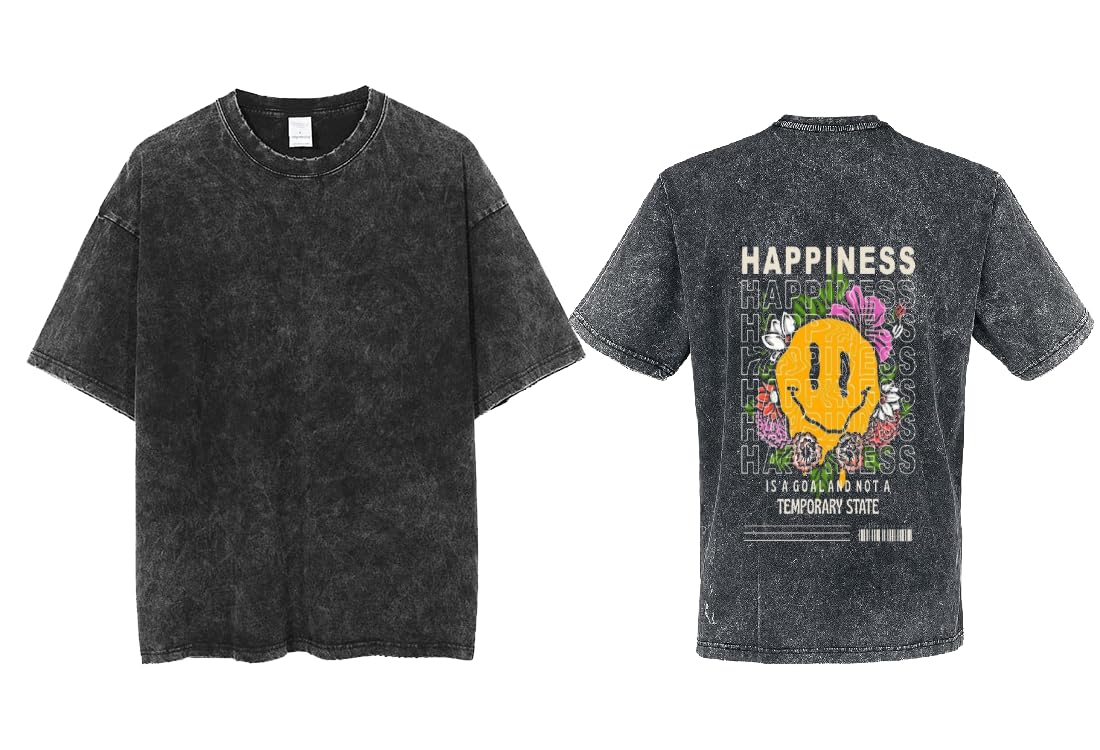 acid wash gray oversize Youth t-shirt back art over size TEXT job work 80 happiness