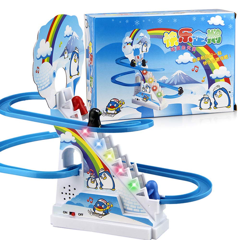 Wonka Kids Gifts Electronic Rail Stairs Intelligence Toy Music Cartoon Slide Electric Climbing Stair Rail Car Toys [Medium] 2919 Penguin 282g