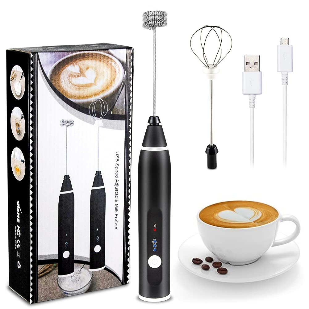 Milk Frother Handheld Electric Milk Foamer USB Rechargeable 3 Speeds Coffee Foam Maker with Egg Whisk Drink Mixer Mini Blender Perfect for Coffee Cappuccino Matcha Hot Chocolate