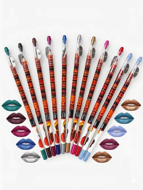 2 in 1 Eyeliner and Lip Pencil Multicolor Fine Tip with Sharpener Set of 10