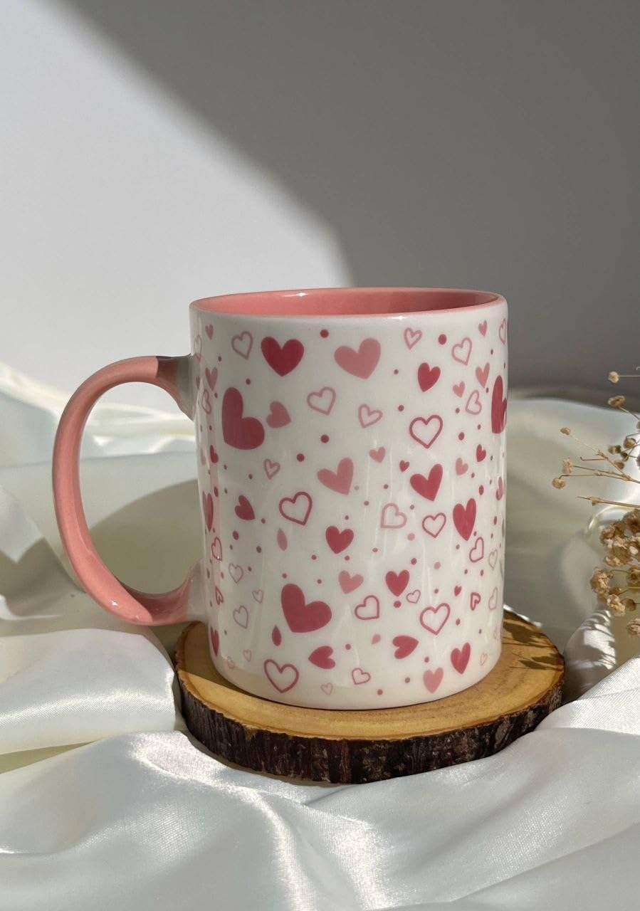 Heart Pattern Coffee Mug, Pink and White, 250 ml, for Hot and Cold Drinks, .Ais