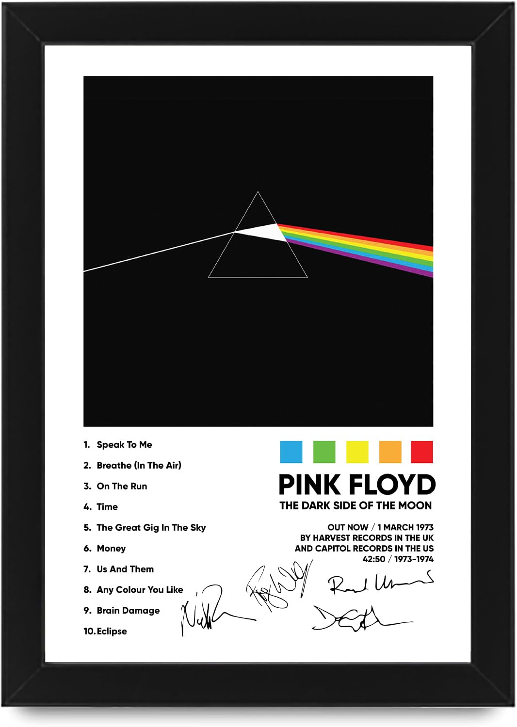 P Floyd Limited Edition Poster – 'Dark Side of the Moon' Album Collectible Memorabilia with Tracklist and Signature Print (Framed A4 30x21cm)