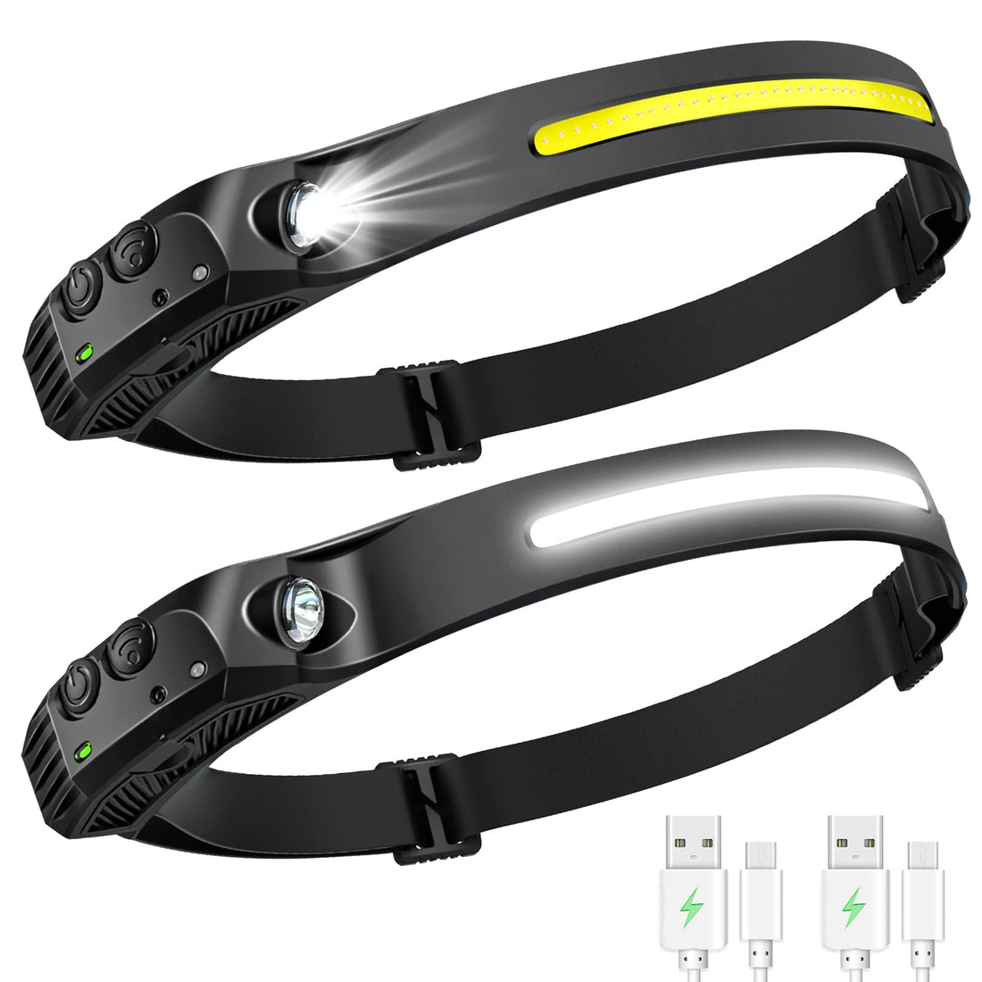 AURUZA 2PCS Headlamp Flashlight, Rechargeable LED Headlamps 2 COB 230°Wide Beam Headlight with Motion Sensor Bright 5 Modes Lightweight Waterproof Head Lamp for Outdoor Running, Camping Hiking