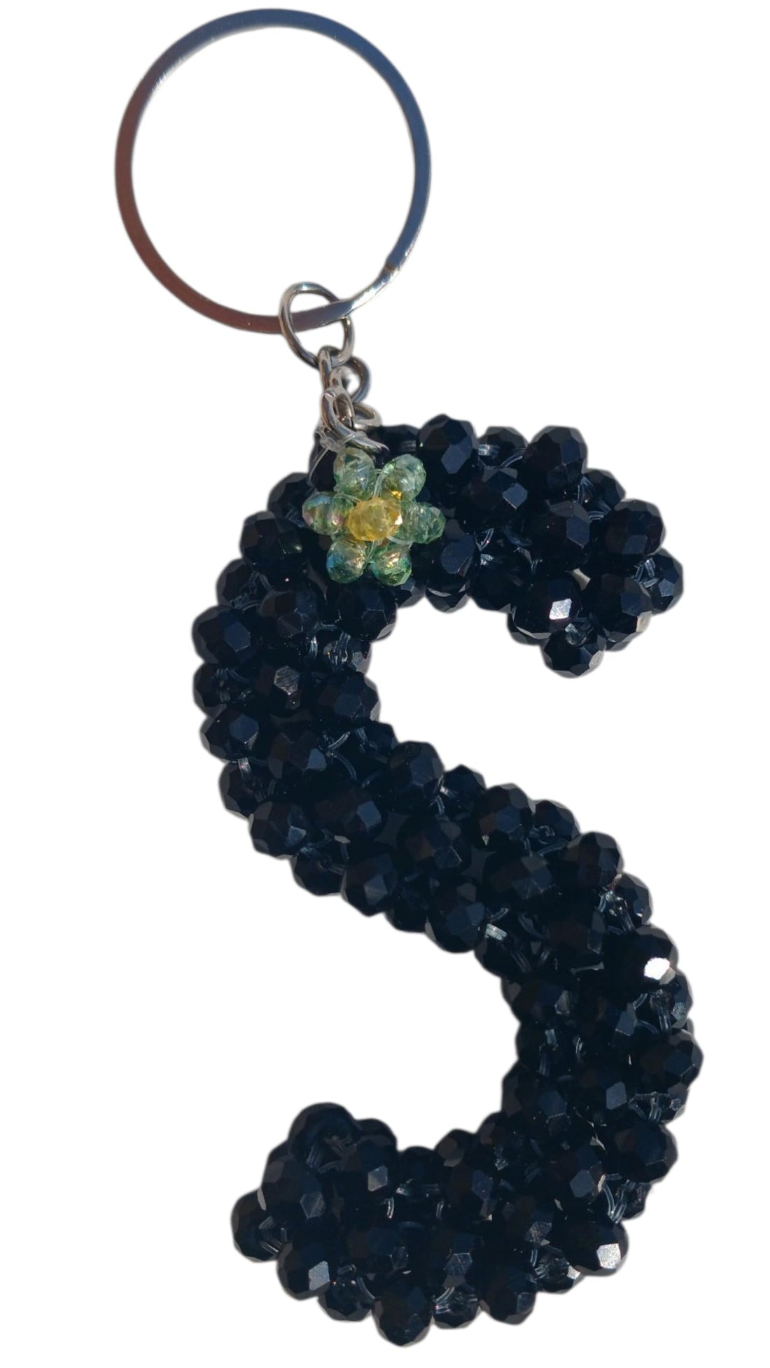 Handmade Letter S Keychain Black Crystal Beads Colorful Flower Elegant Gift for Occasions
