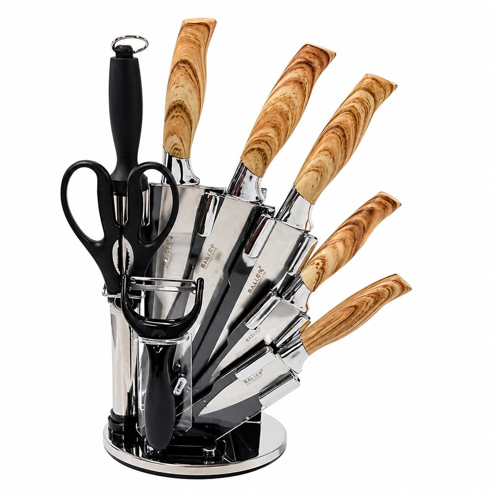 Premium Stainless Steel Knife Set with Rotating Stand,Ergonomic Soft Touch Handles & Sharp Blades 9 Pieces - A1-214