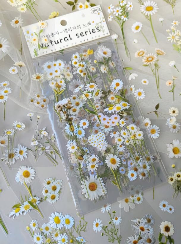 1 Pack Of 6 Sheets Fresh Daisy Flower Plant Stickers For DIY Decoration,School Supplies,Back To School