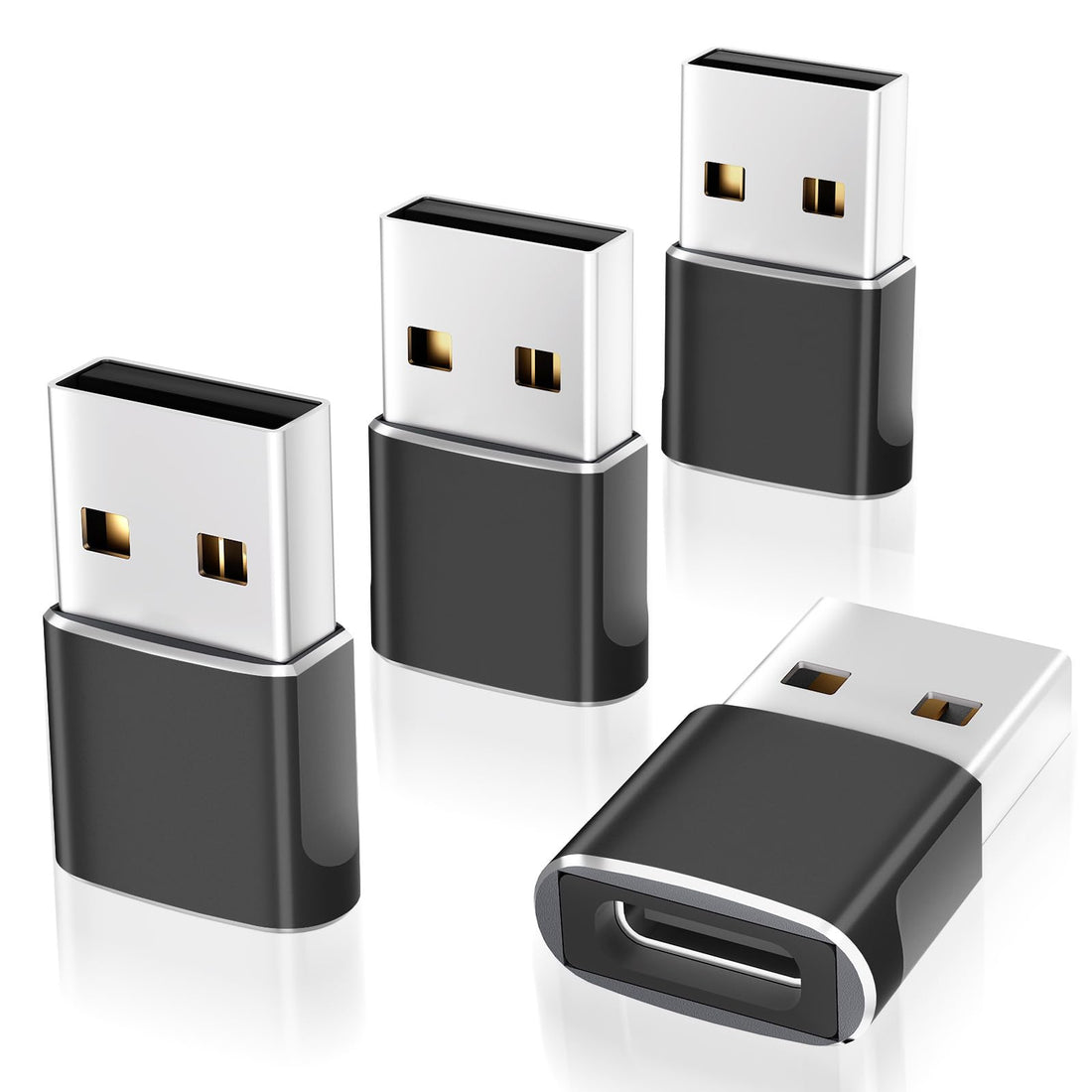 Omivine USB-A to USB Type-C Adapter 4 Pack, USB-C to A Adapter, Type C Female to A Male Car Charging Cable Converter for iPhone 16 15, MacBook, Notebook, Tablet, Smartphone, Galaxy, iPad - Black