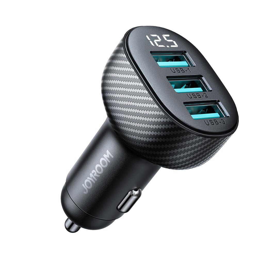 Joyroom JR-CCD03 3.4A Car Charger with 3 USB Ports and Digital Display, Fast Charging for Smartphones & Tablets – Black