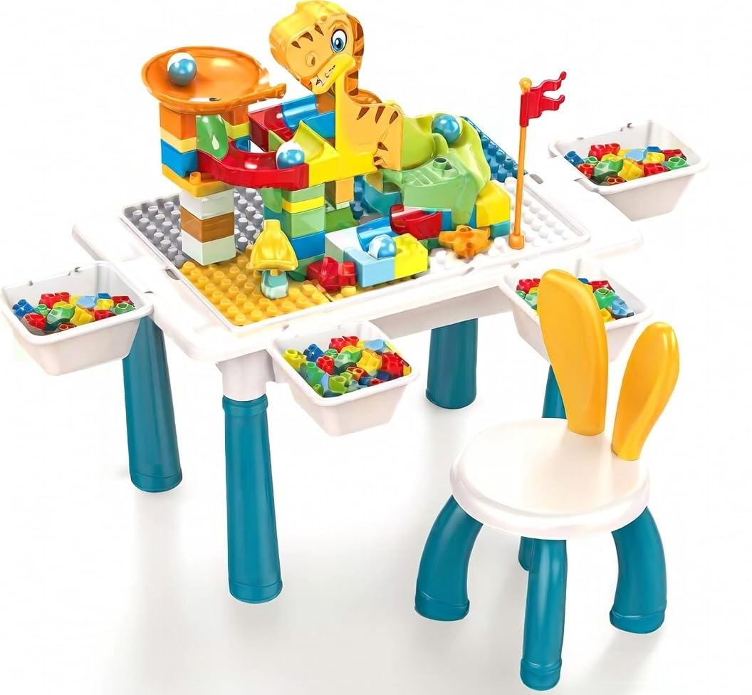 6 in 1 Kids Educational Activity Table and Blocks - Includes 104 Pieces Building Blocks with Storage Boxes