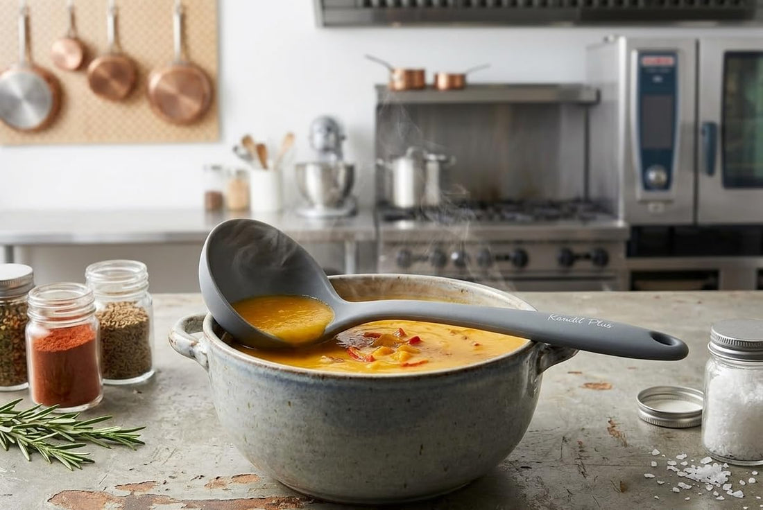 One-Piece Silicone Soup Ladle Heat Resistant Molded Kitchen Serving Spoon Durable Non-Stick Large Cooking Ladle for Food Preparation and Serving