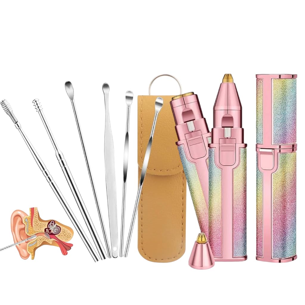 Multifunctional Personal Care Kit, Pink Rainbow Gradient, LED Light Eyebrow Trimmer, Facial Hair Remover, Stainless Steel Ear Wax Removal Tools, 6 Piece Set with Leather Storage Bag