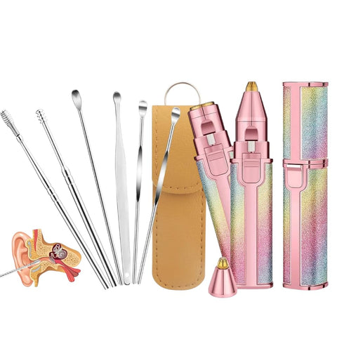Multifunctional Personal Care Kit, Pink Rainbow Gradient, LED Light Eyebrow Trimmer, Facial Hair Remover, Stainless Steel Ear Wax Removal Tools, 6 Piece Set with Leather Storage Bag