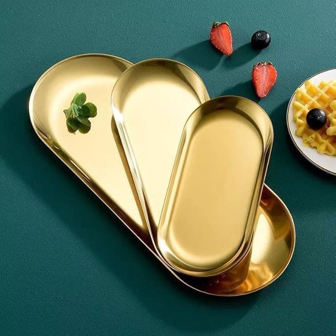 Generic Oval Gold-Plated Stainless Steel Serving Plates Set, 3 Sizes, Dinner Plates, Cake Tray, Steak Plates, Dessert and Sushi, Gold, Set of 3 .Ar