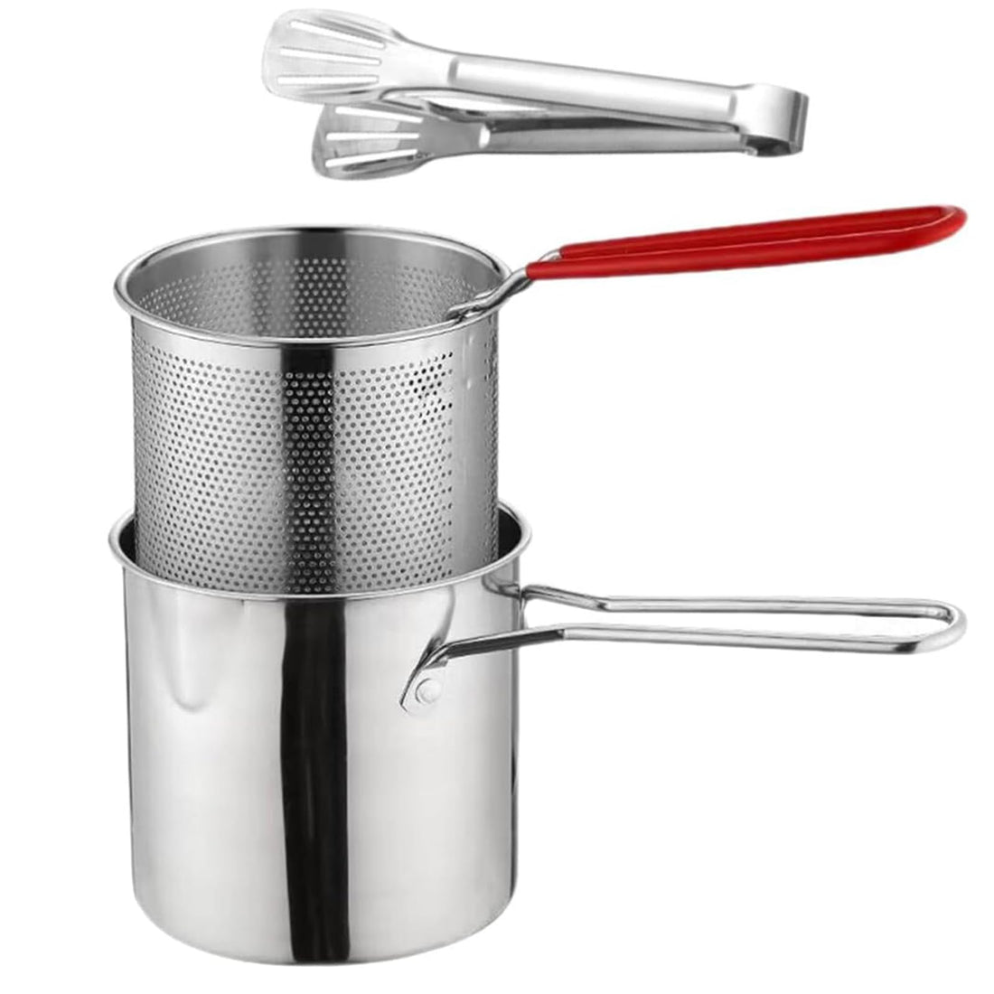 Tazweeq Deep Fryer Pot, 304 Stainless Steel Multifunctional Frying Pot with Strainer Basket and Silicone Handle, Japanese Tempura Fryer Pot, Stock Fry Pot for Frying Fish Shrimp and Chicken with Clip