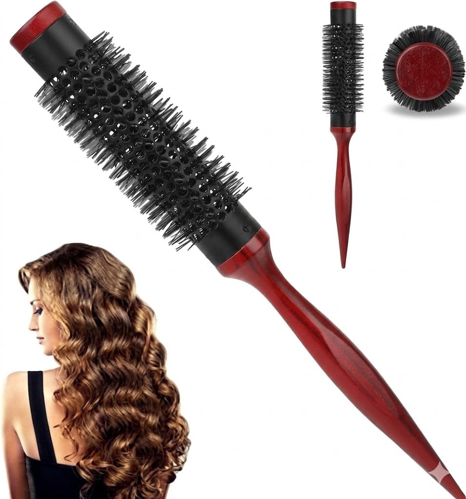 Round Thermal Brush for Blow Out, 1.6 Inch Small Quiff Roller with Metal Barrel and Stiff Nylon Bristles, Curling Brush for Wet or Dry Hair, Short and Thin Hair, Bangs