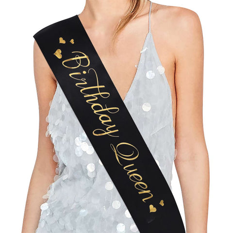"Birthday Queen" Sash - 15th 16th 17th 18th 21st 22nd 25th 30th 40th 50th Birthday Sash Birthday Gifts Party Favors, Supplies and Decorations (Black/Gold Foil)