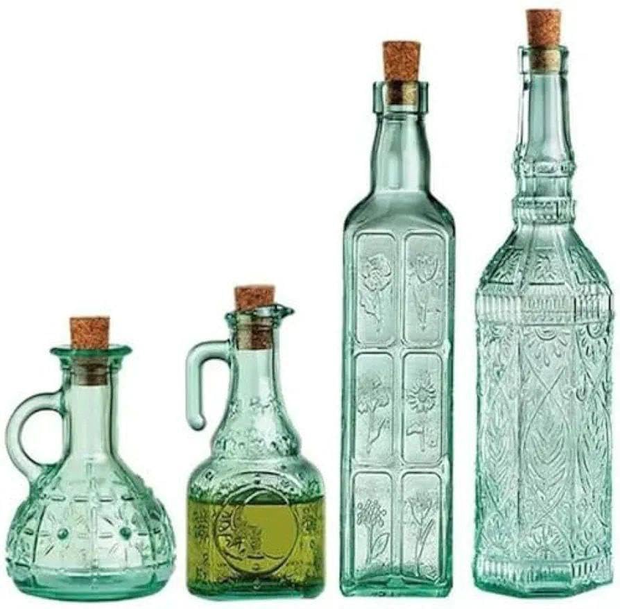 Next Store 4 Piece Glass Oil and Vinegar Set - 2 Large Bottles + 2 Small Bottles for Sauces & Spices - Elegant Oil Serving and Dispenser Set for Kitchen and Dining - Pure & High Quality Glass