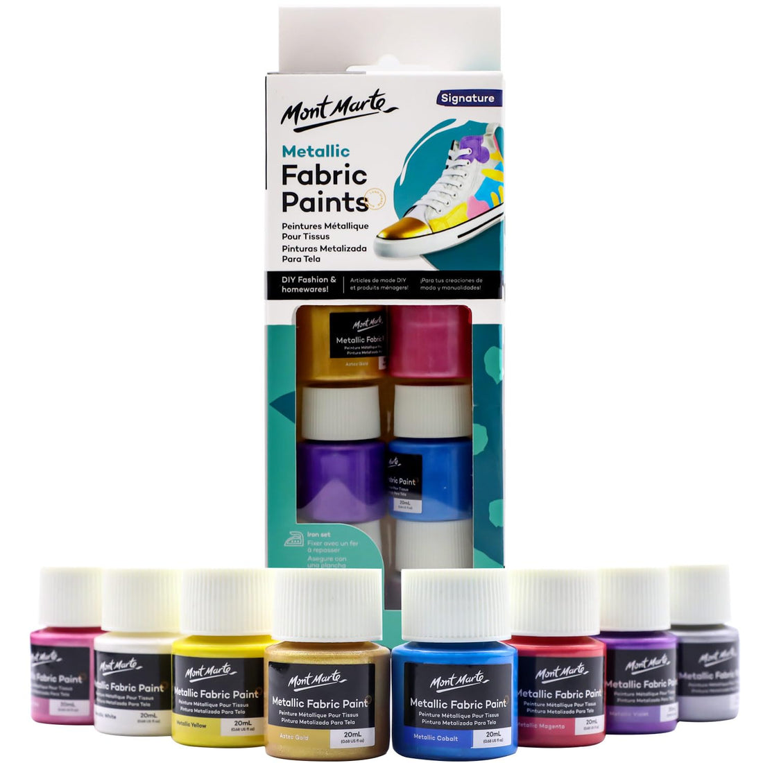 Mont Marte Metallic Fabric Paint Set of 8 20 Milliliters, Washable Fabric Paints Metallic Colors for Clothes, Bags and All Fabrics