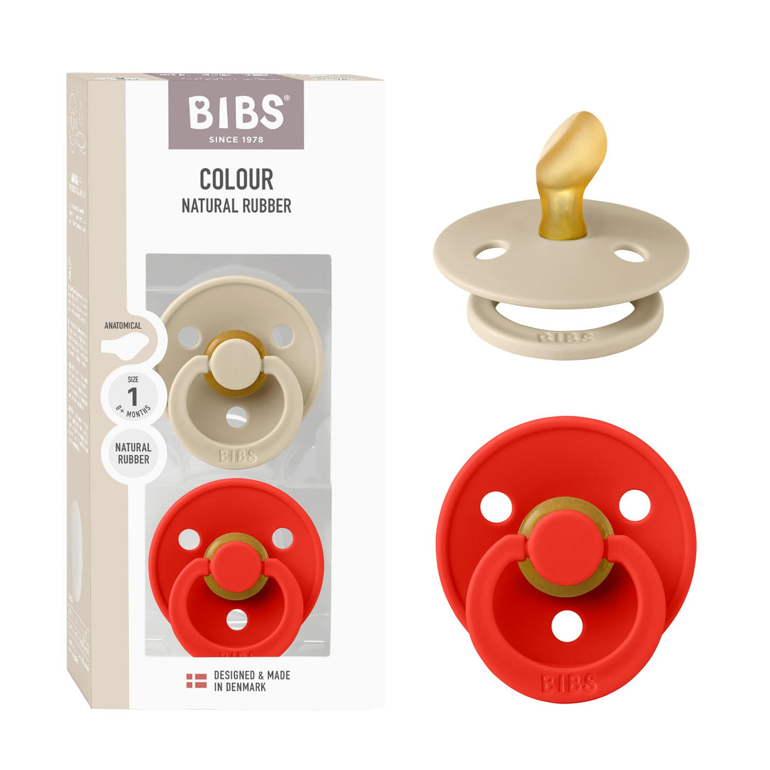 BIBS Colour Anatomical Soother 2-Pack, BPA Free Dummy Pacifier, Orthodontic Nipple. Natural Rubber Latex, Made in Denmark, Size 1 (0-6 Months), Vanilla/Candy Apple
