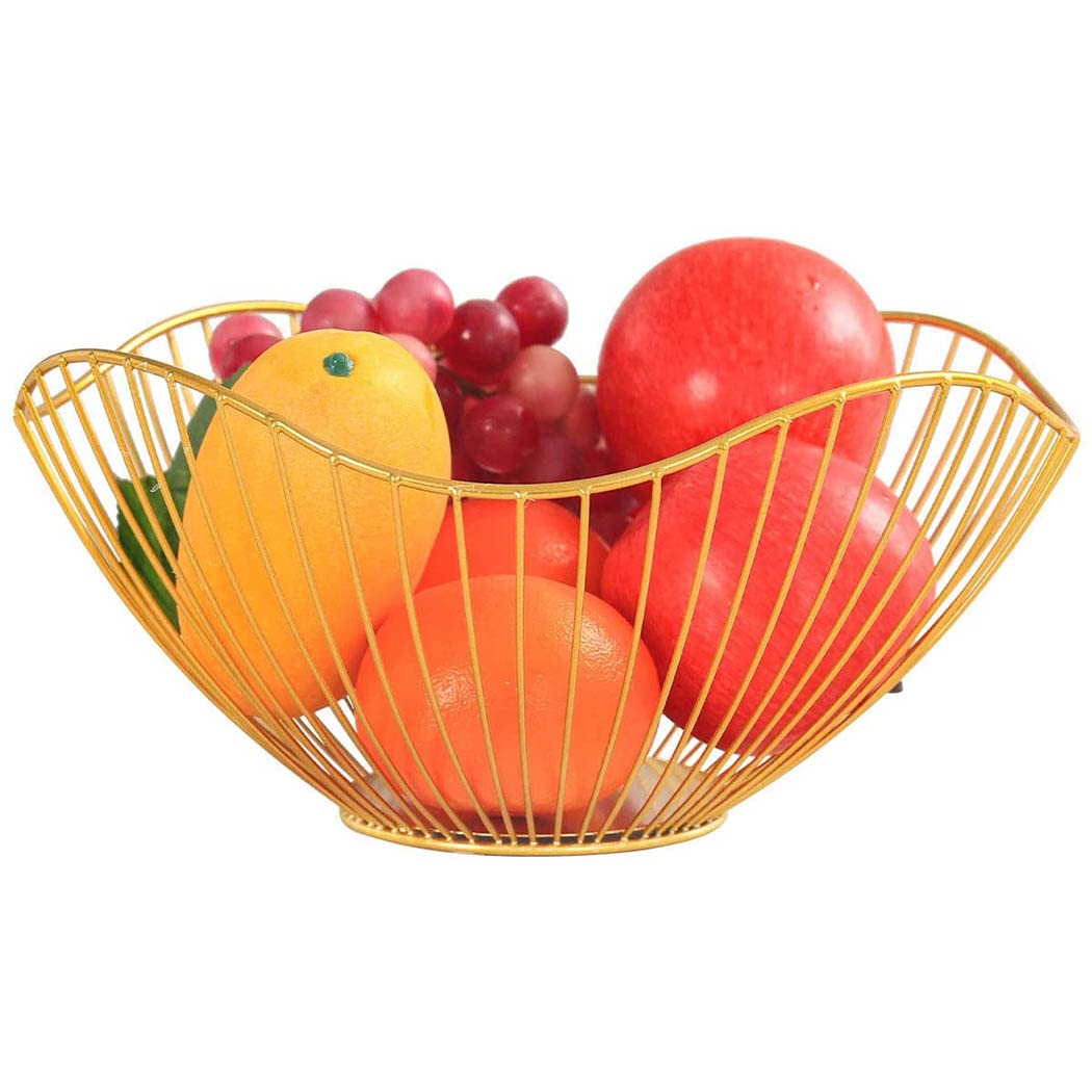 Fruit Basket Fruits Bowl Large Metal Fruit Basket Wave Fruit Dish Storage Basket Holder Stand for Kitchen Counter -Serving Candy, Snack, Vegetable, Bread (Gold)