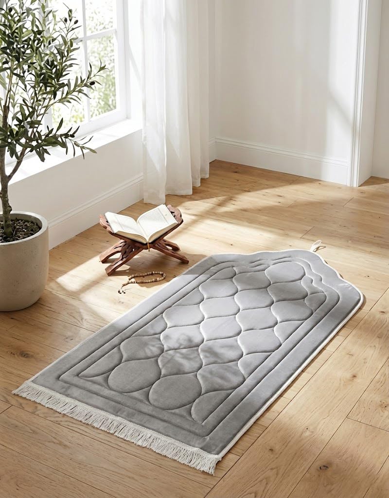 Premium Medical Prayer Mat Padded for Knees and Joints - Mehrab Ottoman Soft Plush Large Size 120x70cm (1.5cm Foam), Royal Colors (Silver)