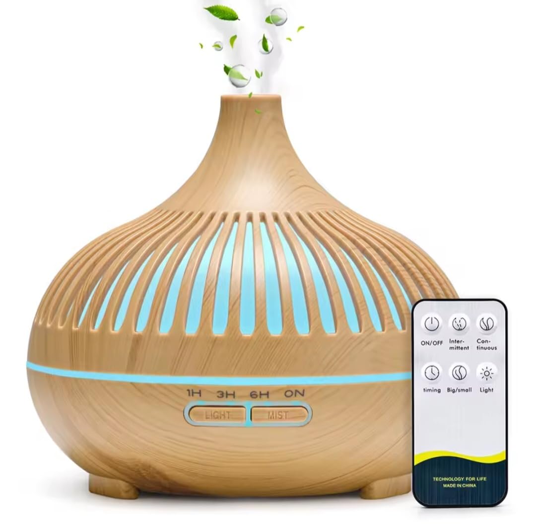 Ultrasonic Electric Essential Oil Diffuser 550ml - Elegant Wooden Shape (Brown/Beige) with Remote Control - 7 Colors LED Light, Timer - Humidifier for Home and Office (Beige)