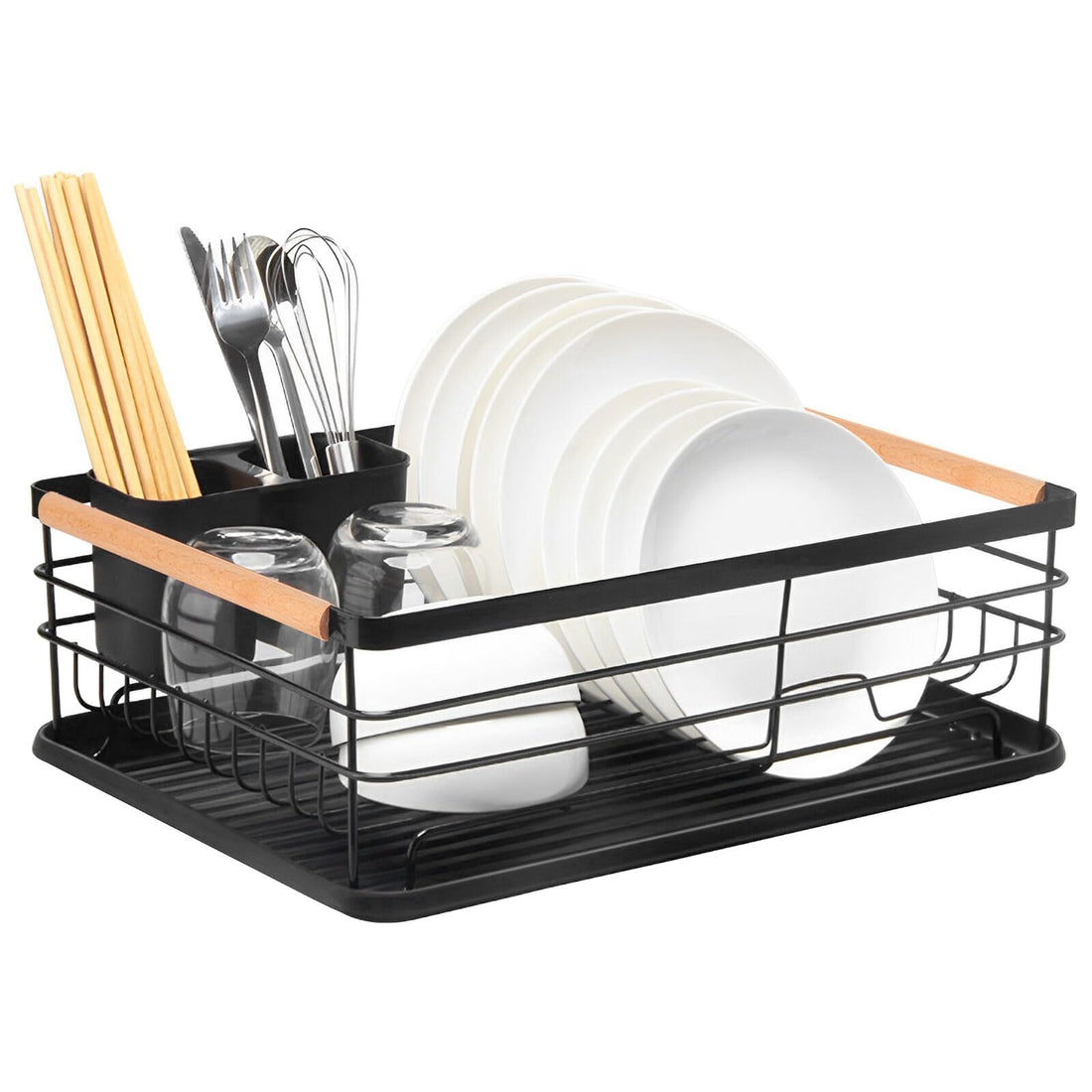 Dish Drying Rack with Removable Drip Tray, Metal Dish Drying Rack Organizer for Kitchen with Wooden Handles, Dish Rack, Dish Drainers