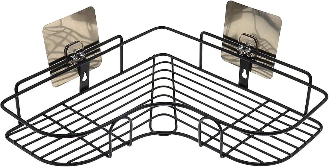 Bathroom Basket Rack Shelf,Adhesive Metal Wall Storage Shelf with Shampoo Caddy, (Black)