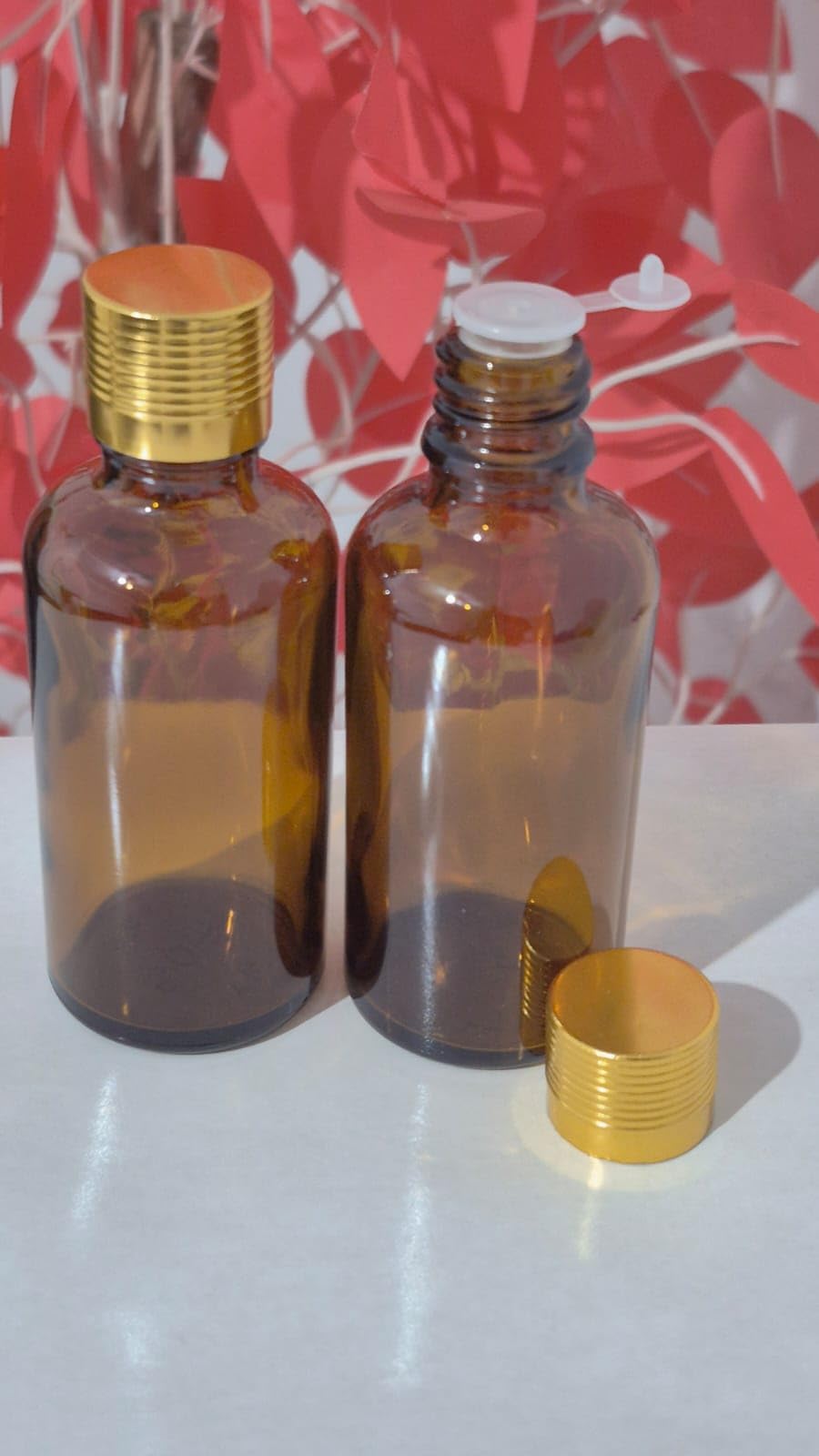 Honey Glass Essential Oil Bottles, 50ml, Gold Cap and Seal Cap Set of 2