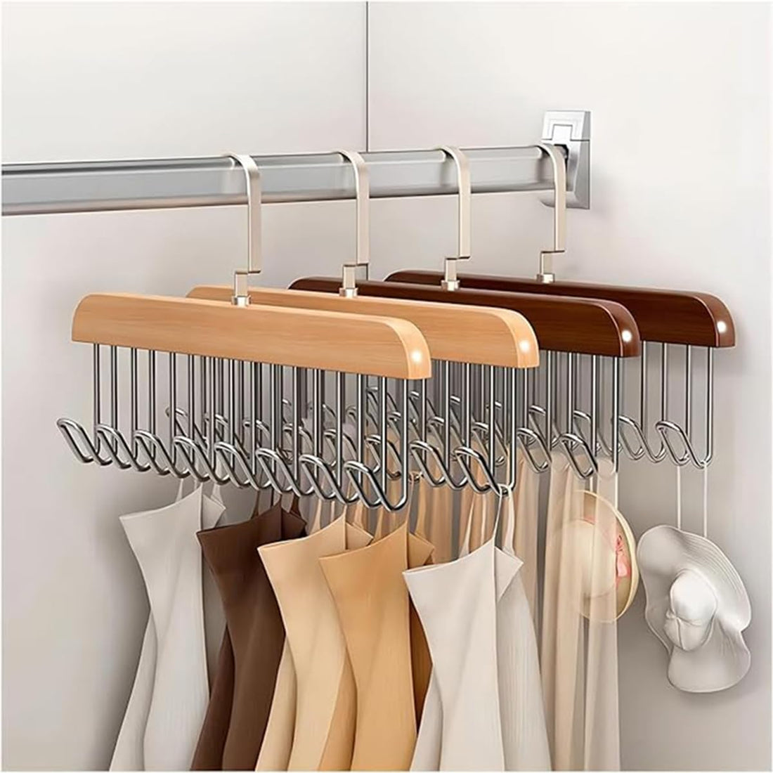 ALMEKAQUZ Wooden Clothes Hanger with 8 Hooks, Tie Rack Belt Bra Hangers with 360°Rotating Hooks for Ties Belts, Bras,Camisole, Bathing Suits, Scarves Accessories Space Saving Closet Hanger