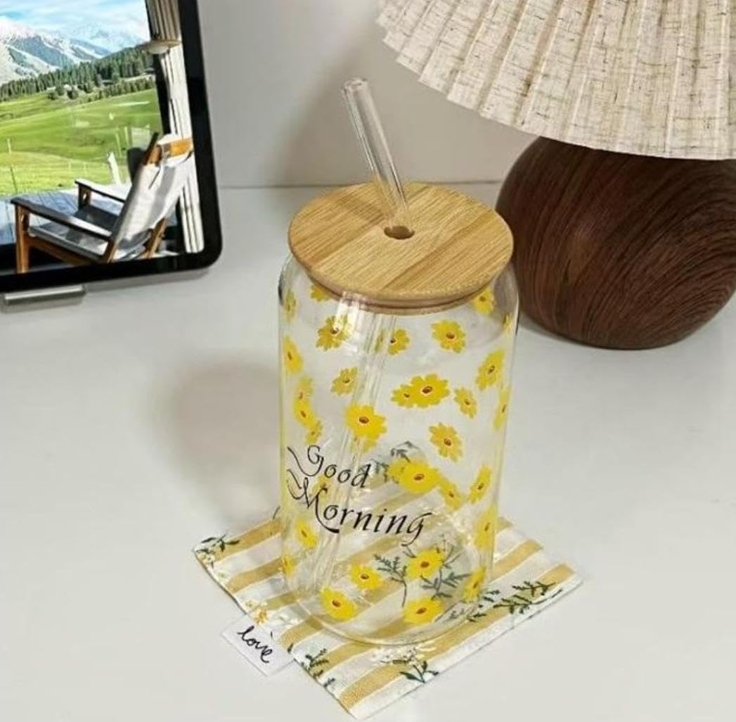 Good Morning Glass Can Mug with Lid and Glass Straw, Yellow Daisy Floral Design, 500 ml, Hot and Cold Thermal Resistant, .A2