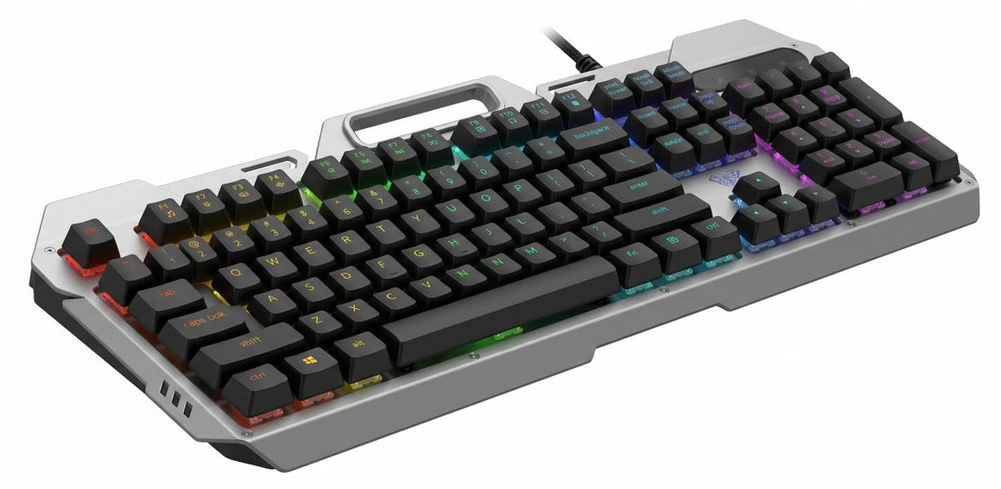 F2023 Wind Wired Gaming Keyboard 104 Keys Rainbow LED Backlit Metal Panel USB Membrane Ergonomic Design Multimedia Function for PC Desktop Laptop Windows Support