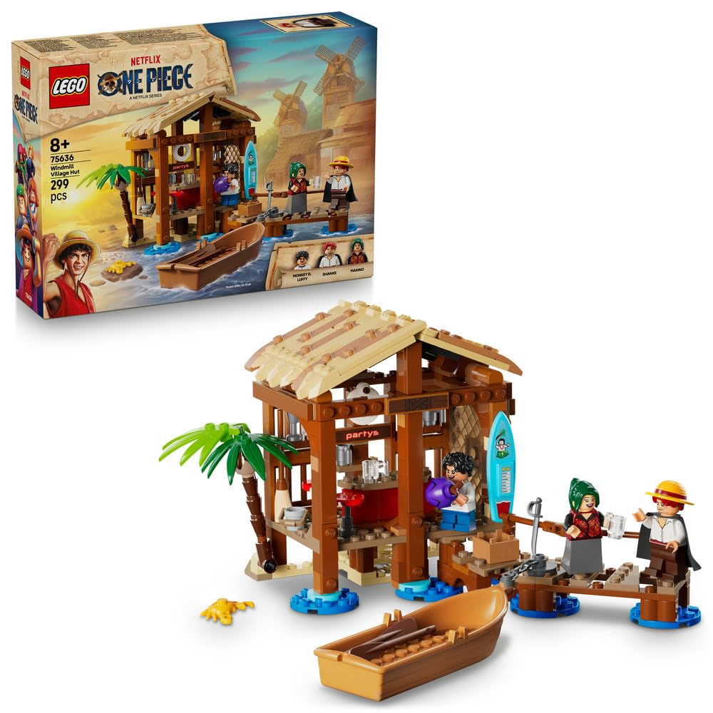 LEGO ONE PIECE Windmill Village Hut Toy with a Boat, Young Luffy, Shanks & Makino Minifigures plus Accessories incl. a Wanted Poster - Anime Gift for 8+ Year Old Boys, Girls & Fans - 75636