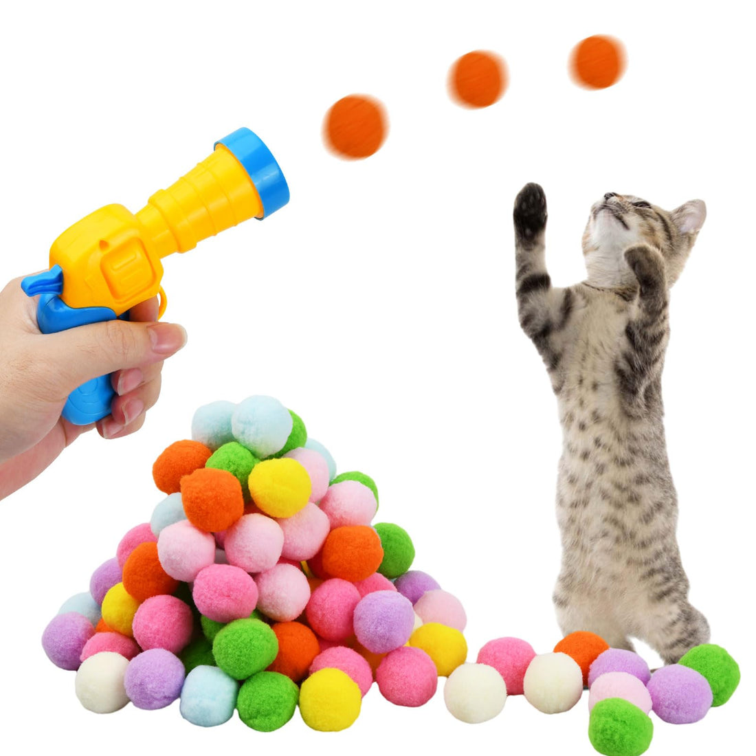 Volumoon Pack of 100 Cat Toy Balls with Gun, Interactive Cat Toy for Indoor Pets Cats Dogs