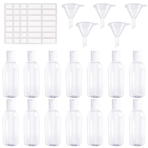 DRADERCH 14 Pcs Travel Bottles for Toiletries 50 ml Clear Plastic Empty Refillable Liquid Containers Air Flight Travel Bottle Leak Proof Travel Accessories with Funnels Labels for Shampoo Lotion Cream