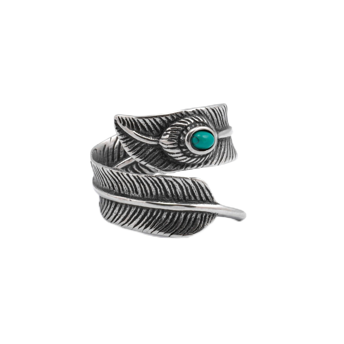 Adjustable Feather Ring with Turquoise Stone, Stainless Steel, Available in Gold and Silver Finish