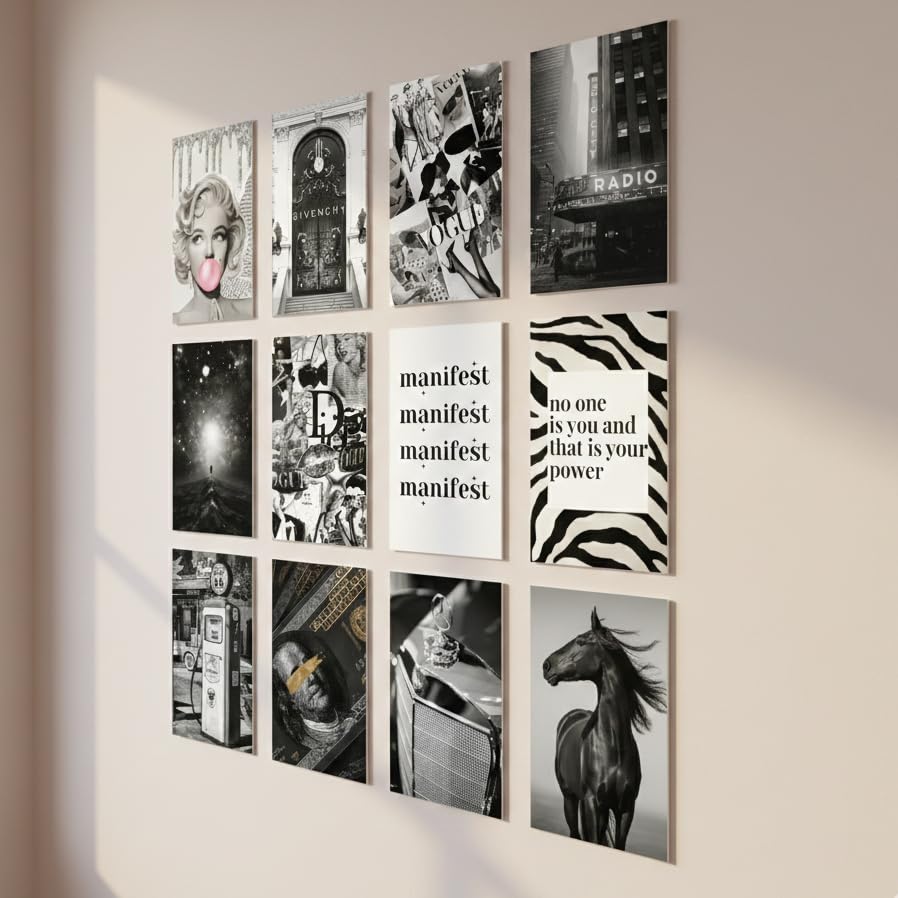 Black and White Poster Set (12 Pieces) Printed on 300 Gram High Quality Koche Paper, Ready to Install, Modern Design, Motivational Quotes for Men and Women, Coordinates with All Styles of Decor