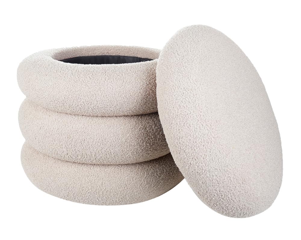 Bugatti Round Pouf – 50 x 50 cm – Panda Fabric, Natural Counter Wood Structure – Modern Design with Wooden Legs by No Comment Furniture (Light Beige)