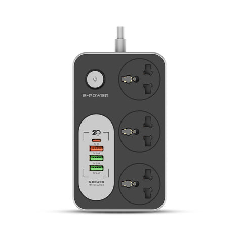 G-Power GP343 220V UK Power Strip, 3 Universal international Sockets, 1 Fast Charging Port (18W), 1 Type-C Port (20W), 2 USB Ports (2.4A) – Black/Grey
