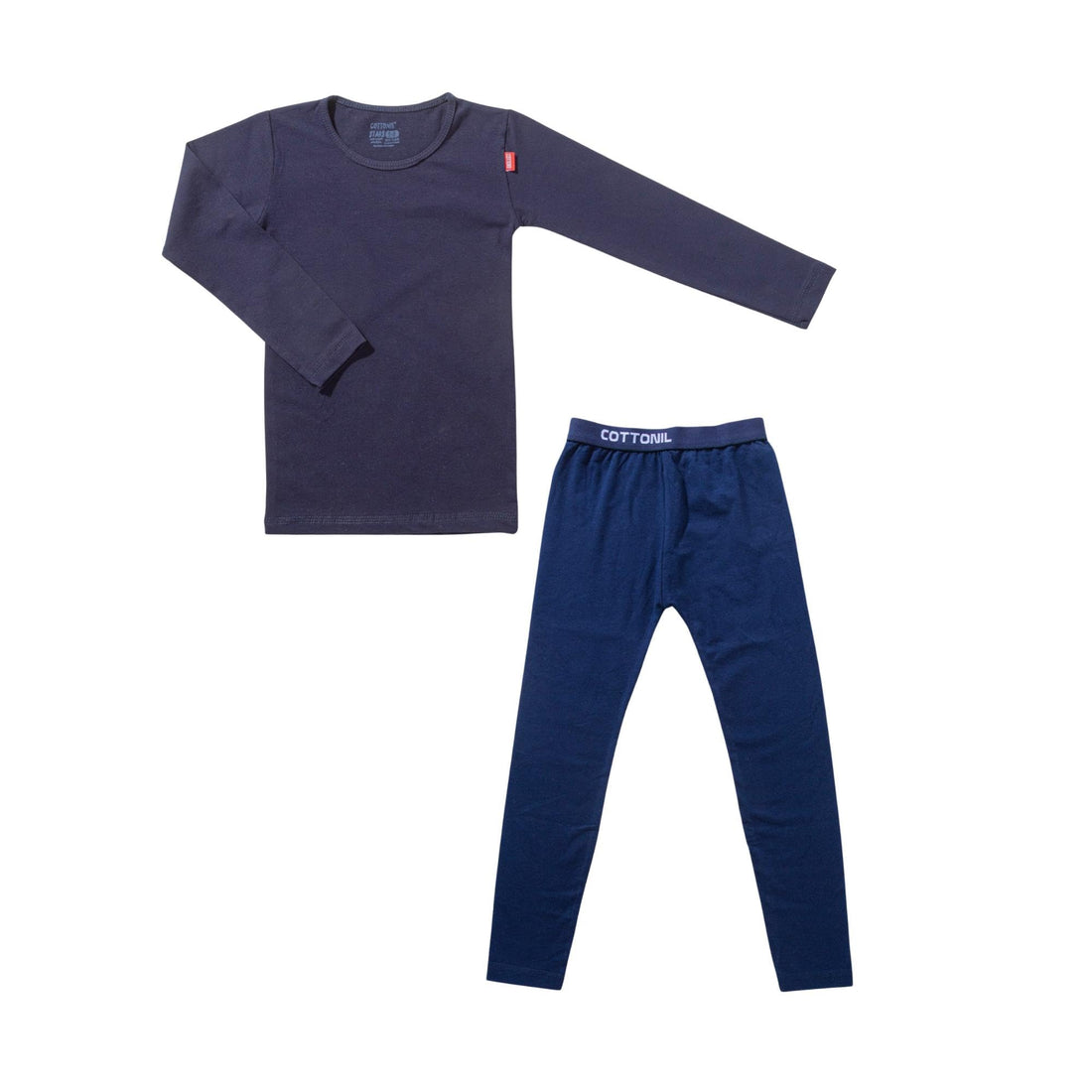 Cottonil White Cotton Stretch Long Sleeve Top and Thermal Pants Set, Elastic Waistband, Comfortable Sleepwear