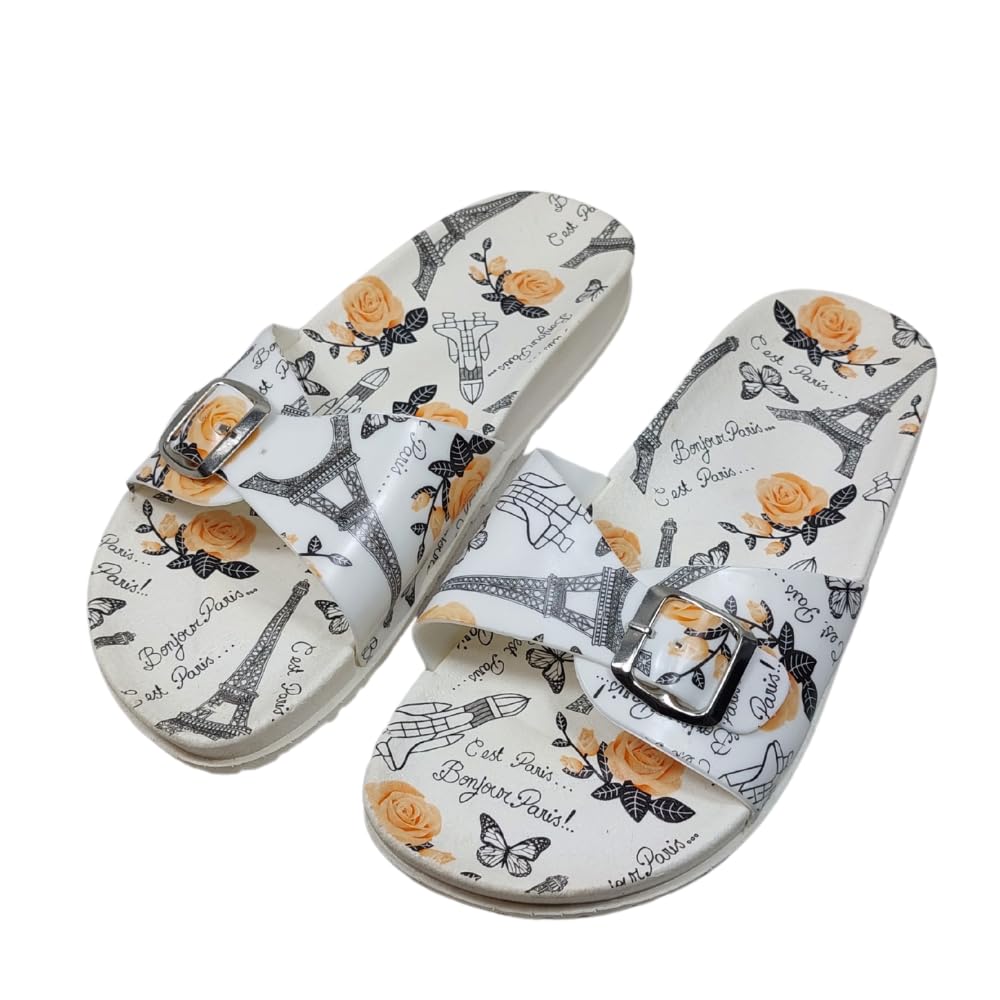 Women's Paris-Themed Slide Sandals, White with Orange Roses and Eiffel Tower Print, Buckle Closure Size 38 - شبشب حريمي مطاط مريح