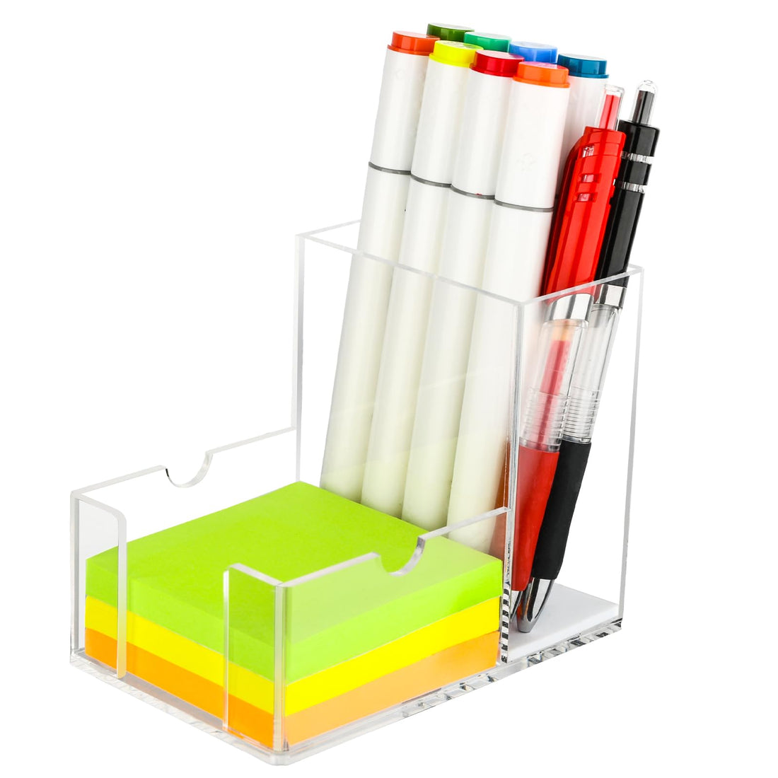 BEST MEDIA-3-in-1 Desk Organizer, Crystal Clear Acrylic Pen and Sticky Note Holder for 7.6x7.6 cm Pads, and Phone Stand for Home Office-15L x 10W x 5H cm-3-in-1 Dispenser-1 piece-Clear