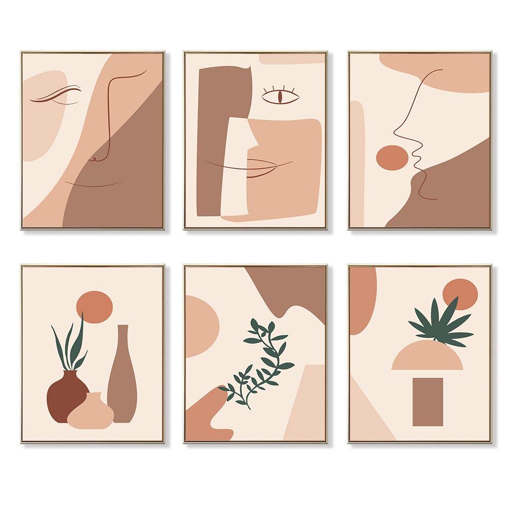 6 Pieces Abstract Boho Wall Art Minimalist Prints Line Art Woman Face Landscape Geometric Drawing Poster for Makeup Studio Bedroom Dorm Living Room Decor Set of 6 8x10 inches Unframed